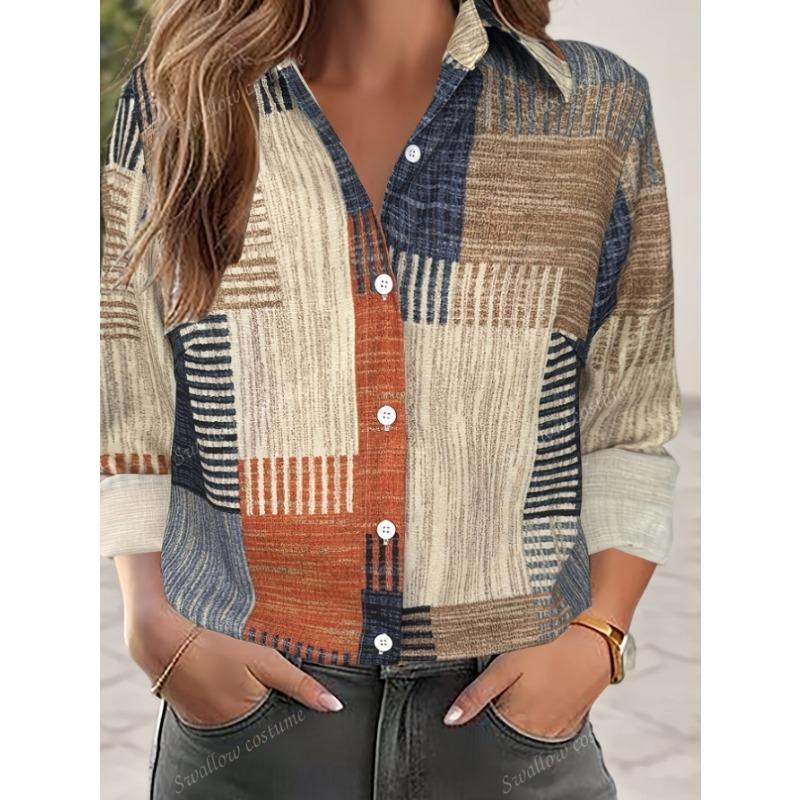 Women's Fashion Plaid Shirt, Stylish Versatile Casual Color-Block Button-Up Youthful Collared Long Sleeve Top