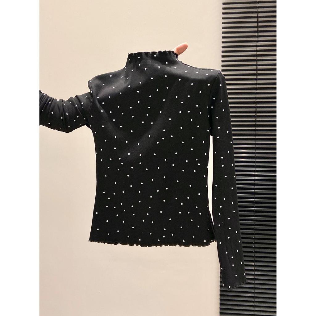Women's Polka Dot Ruffle T-Shirt: Warm Long Sleeve, Half-High Collar Base Layer for Autumn/Winter
