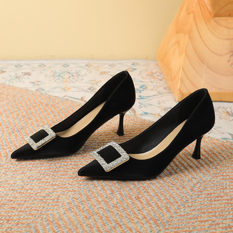 Light luxury rhinestone square buckle high heels women's pointed head thin heel sheepskin single shoes temperament fashionable shallow mouth spring