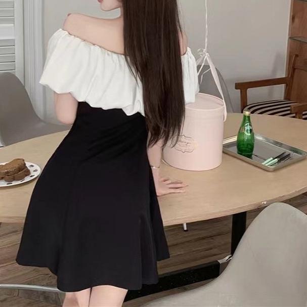 Women's Slash Neck Summer Ruffles Dress Patchwork Elegant Sweet Off Shoulder Dresses Sexy