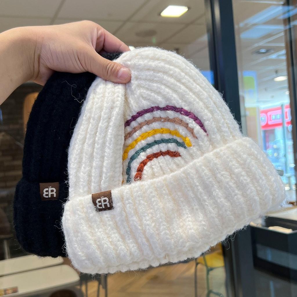 Regenbogenfarbene gestrickte Wollmütze für Damen für Herbst und Winter Vielseitige Ins Trendige Amerikanische Stil Kaltmütze