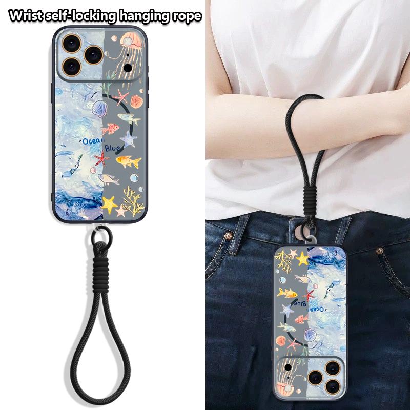 Custodia con Cinturino a Mano Stampa Pesci dell'Oceano Squalo Per iPhone 17 Pro Max iPhone 16 15 14 13 Pro Max Magnetica Per Magsafe Ibrida TPU+PC Copertura Opaca