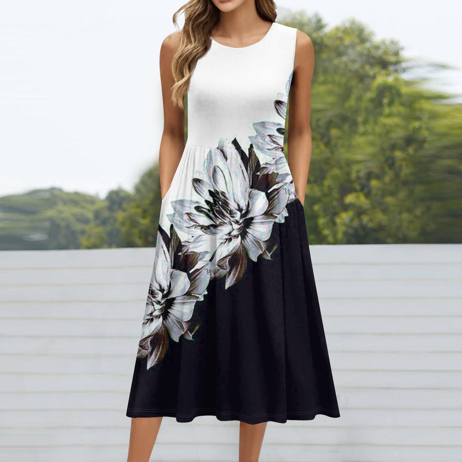 

Женское модное платье средней длины с круглым вырезом и принтом без рукавов XL белый