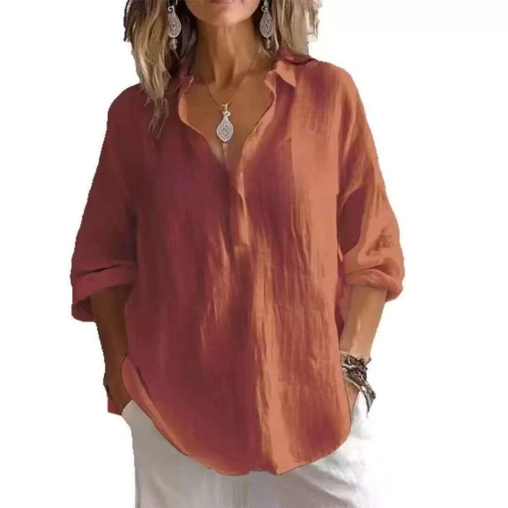 Spring and Summer New Style Solid Color Comfortable Loose Large-Sized V-Neck Long-Sleeve Women's Shirt