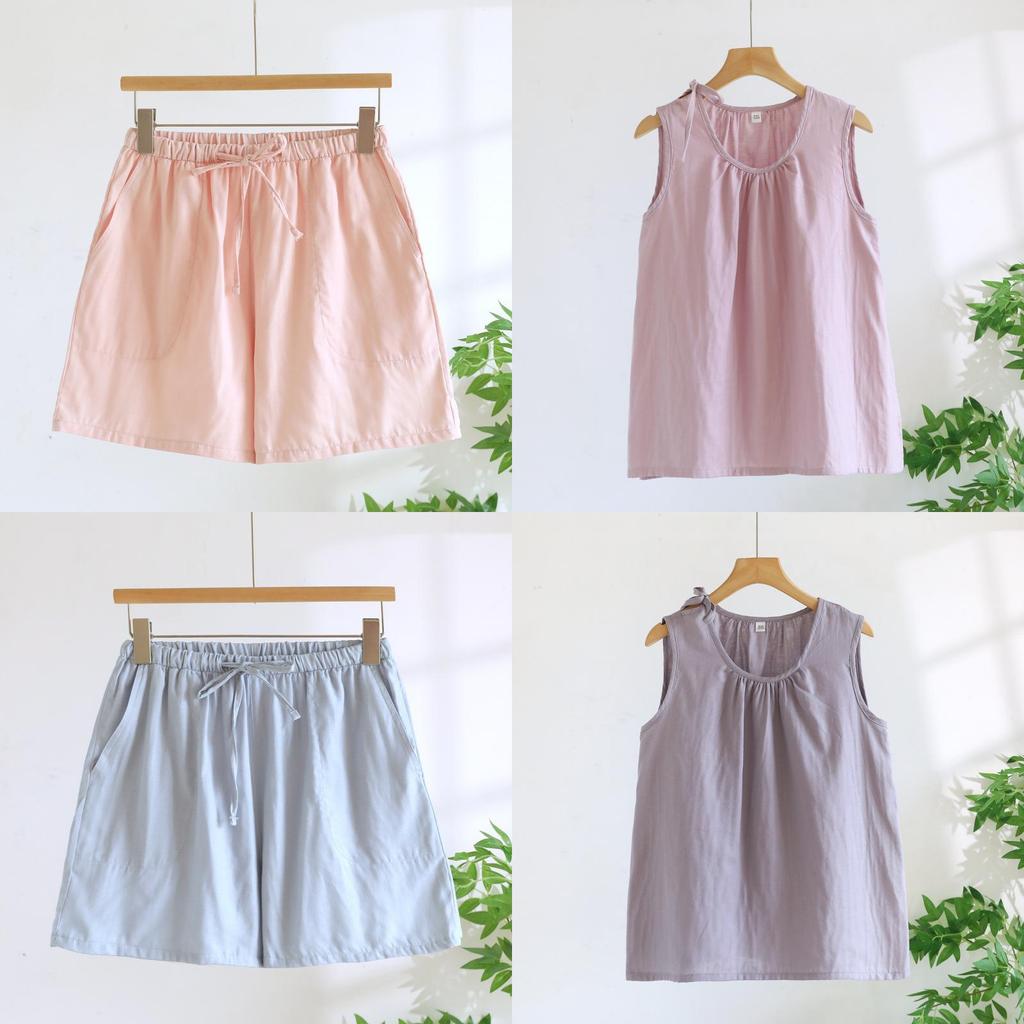 Lightweight Cotton Womens Pajama With Round Neck Sleeveless Top And Shorts For Summer