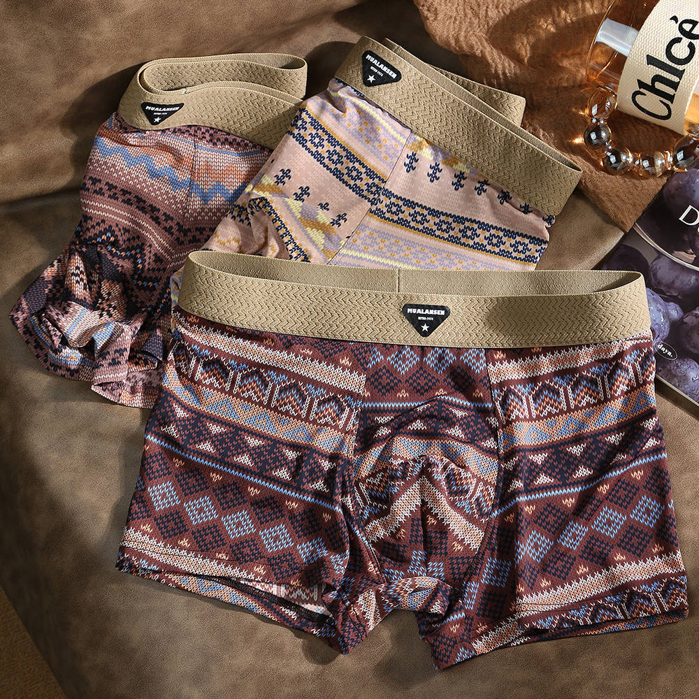 3pcs Retro Men's Underwear Ethnic Style Ice Silk Underwear Men's Breathable Underwear Summer Men's Flat Underwear Boxer Brief