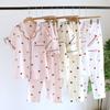 Sommer Baumwollgarn Pyjama Damen Kurzarm Shorts Hose Dreiteiliges Set Liebesdruck Umlegekragen Locker Loungewear