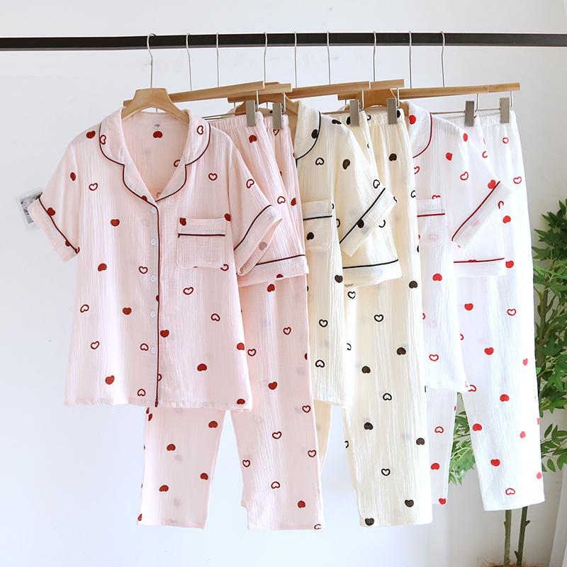 Sommer Baumwollgarn Pyjama Damen Kurzarm Shorts Hose Dreiteiliges Set Liebesdruck Umlegekragen Locker Loungewear