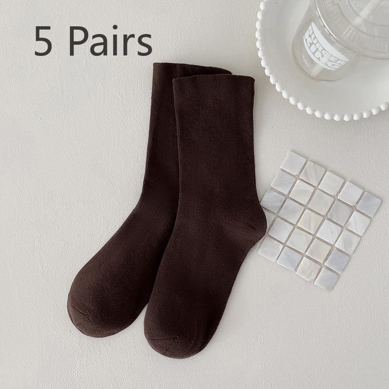 5 Paar Socken Milchtee-Farbe Frühling und Herbst Stapelsocken Damenmode Mittelwaden-Socken Spaghetti-Socken Damen Baumwolle Einfarbig
