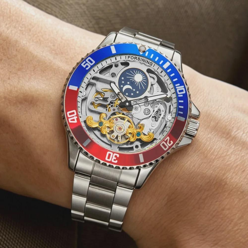 Mens Self-Winding Mechanical Watch Skeleton Moon Phase Luminous Dial Rotating Bezel Steel Strap Wristwatch Waterproof