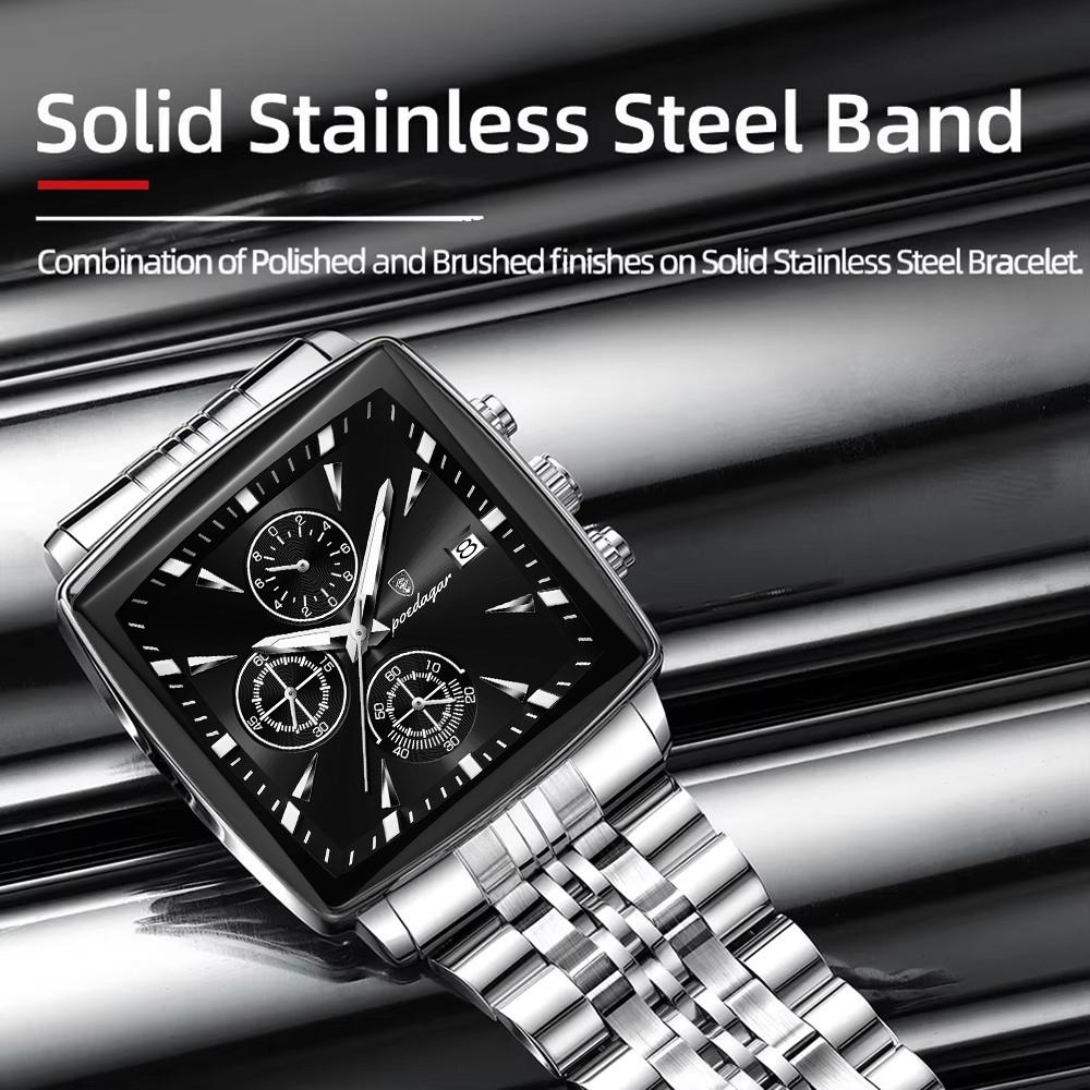 Mode Fyrkantig Urtavla Klocka för Män Rostfritt Stål Vattentät Kvarts Kronograf Herrklockor Lyx Sport Herrklocka