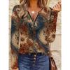 Women's Creative Printed Zipper Long-sleeved T-shirt, Breathable, Soft and Comfortable, Suitable for All-year-round Casual Wear
