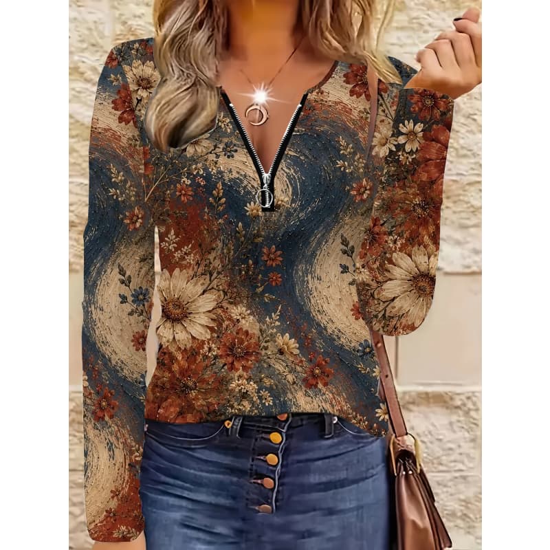 Women's Creative Printed Zipper Long-sleeved T-shirt, Breathable, Soft and Comfortable, Suitable for All-year-round Casual Wear