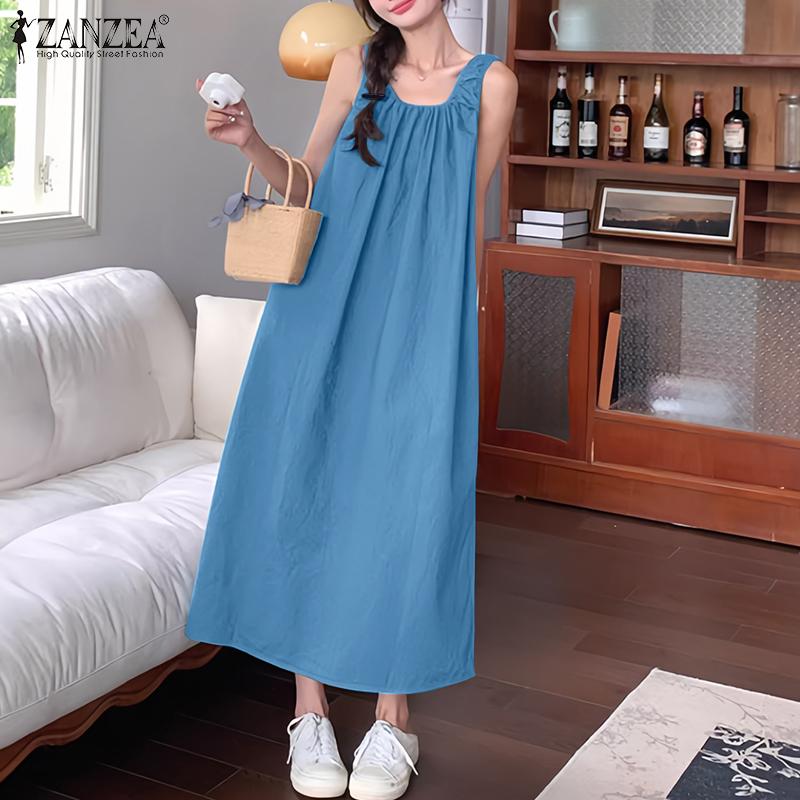 

ZANZEA Women Summer Casual Round Neck Loose Sleeveless Dress S синий