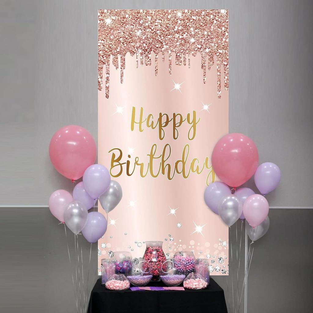 Pink Rose Gold Happy Birthday Door Banner Decorations, Happy Birthday Door Cover Backdrop Party Supplies for Women, Large 16th 21st 30th 40th 50th