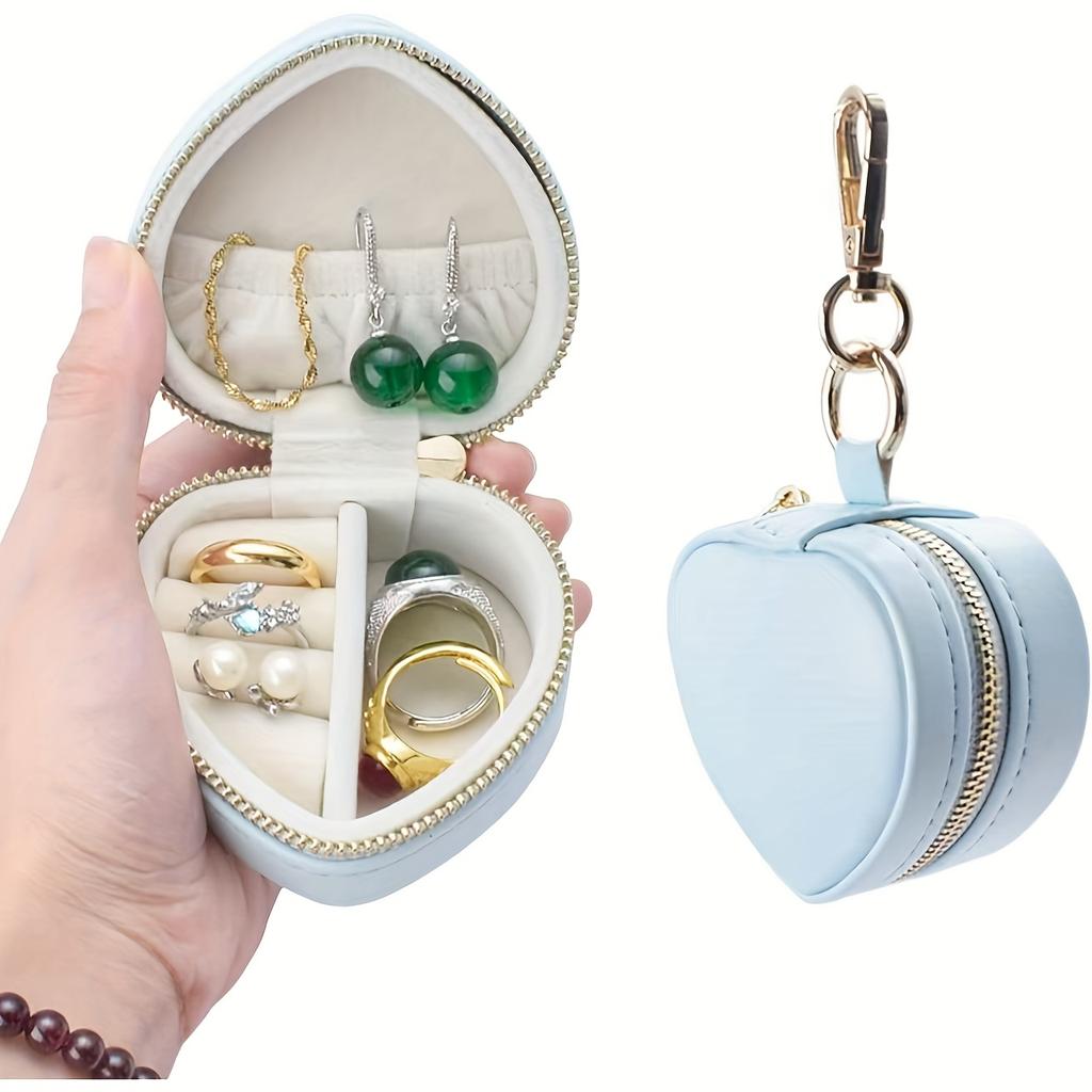 Cute Heart-Shaped PU Jewelry Box with Keychain, Zipper Closure Desktop Organizer Perfect for Earrings, Necklaces and Rings