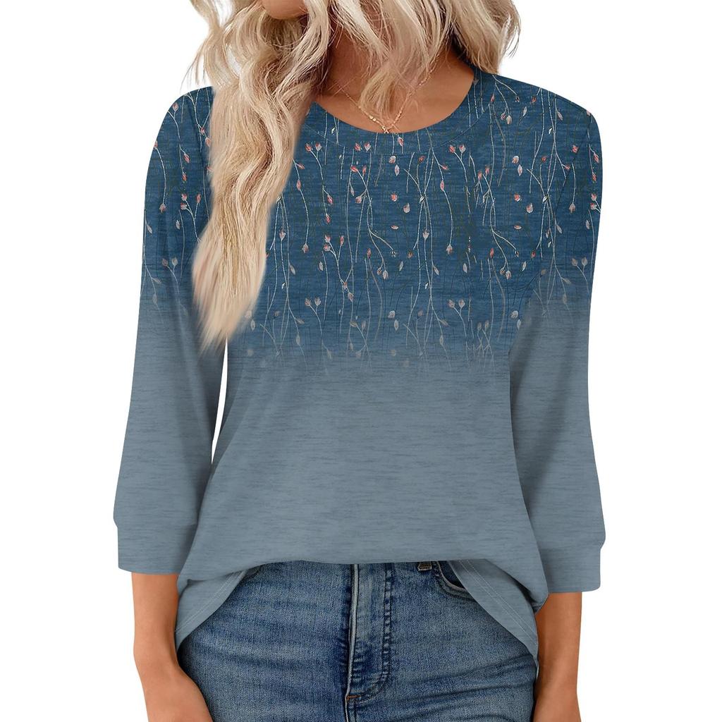 Women's Fashion Casual Round Neck 3/4 Sleeve Loose  Printed T-Shirt Ladies Top