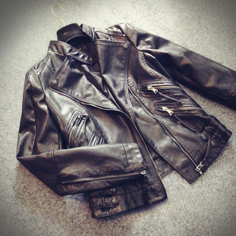 Fashion Women's Spring and Autumn Short Slim Motorcycle PU Leather Jacket