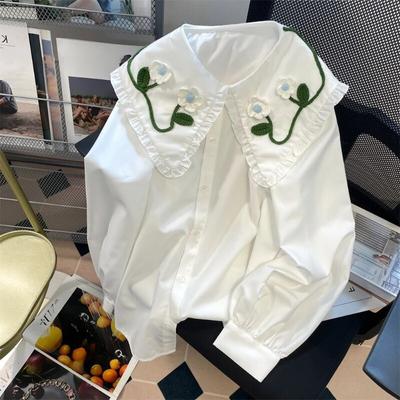 French Embroidered Flower Peter Pan Collar Shirt Autumn Loose Long Sleeved Women's Blouse Casual Versatile Cute Top