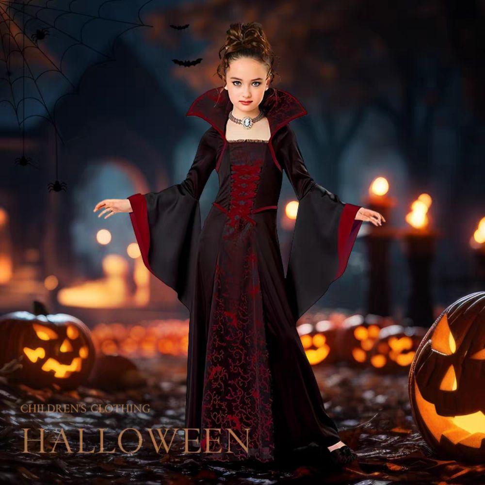 Lace Up Halloween Witch Long Dress Stand Collar Children Medieval Printed Dress  Kids