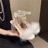 High heels women's summer 2025 new pearl round head with fluffy open-toed thick heel ribbon versatile sandals