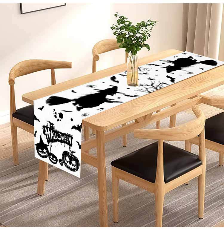 1pc White Black Halloween Table Runner Pumpkin Witch Pattern Dustproof Durable Tablecloth for Halloween Theme Party Decoration