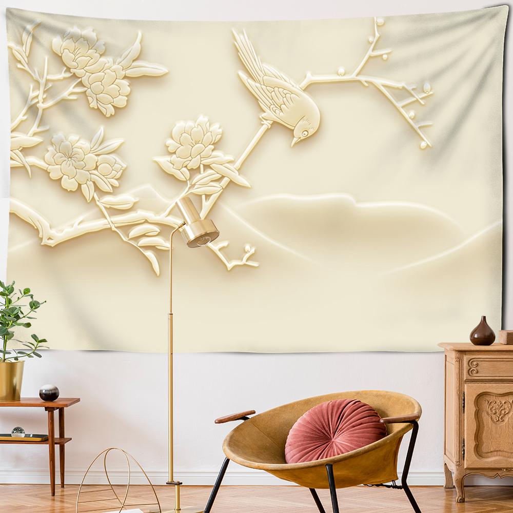 Jade Flower Bird Sculpture Tapestry Ancient Art Style Home Decor TV Background Wall Polyester Boho Decor Hippie Wall Hanging