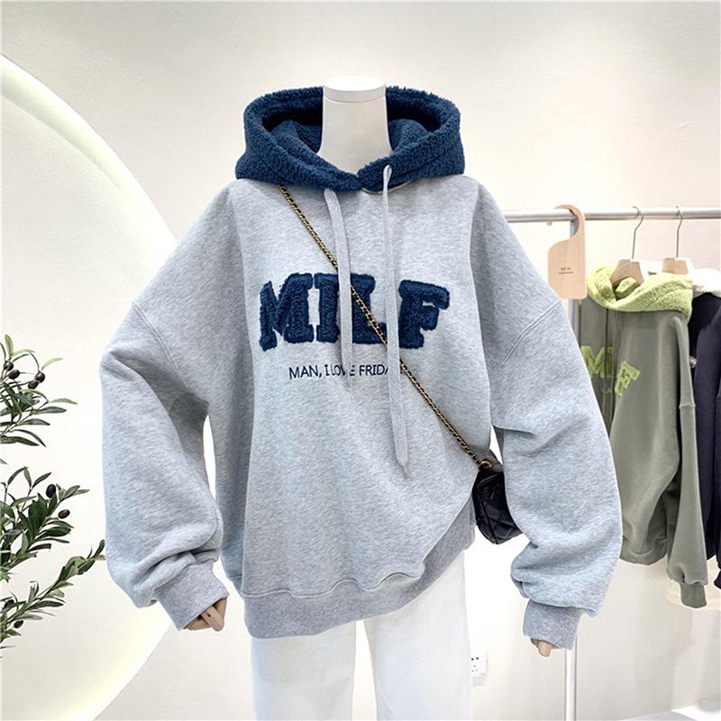 Autumn Winter Women's Patchwork Oversize Sweatshirt Casual Loose Cotton Thick Letter Printing Embroidery Long Sleeve Loose Hoodies Female Streetwear