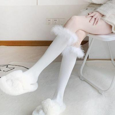 Japanese JK Fluffy Calf Socks, Women’s Thick Warm Mid-Calf, White Ruffle, Autumn/Winter Cotton Christmas Boot Socks.