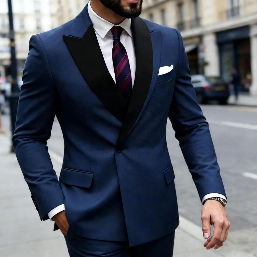 Unqiue Lapel Design Men Suits 2 Pieces Jacket Pants Sets One Button Flat Front Elegant Blazer Wedding Groom Male Clothing