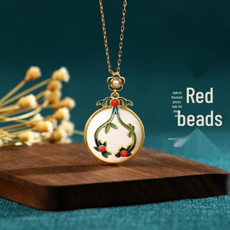 

Airyuan Retro Clavicle Chain Enamel Pendant Necklace with Imitation Hetian Jade - Qipao Style Mom Birthday Gift Gold-plated 24K