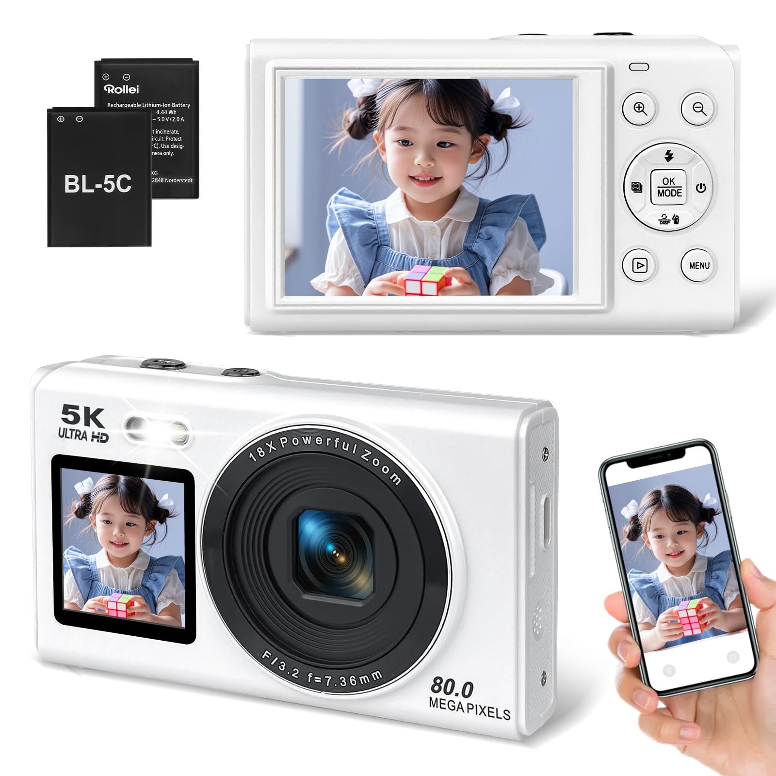 

5K 80MP Digital Compact Pocket Camera with 80 Million High Rechargeable AF 18x Digital Inch Dual Lightweight and Ideal for and Includes Japanese