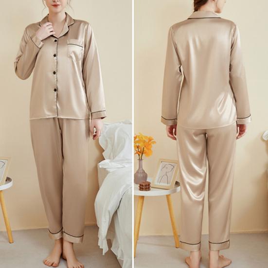 Yousheng 2 Pcs/Set Pajamas Suit Satin Single-breasted Cardigan Shirt V Neck Notch Collar Solid Color Shirt Wide Leg Loose Trousers Nighty Suit