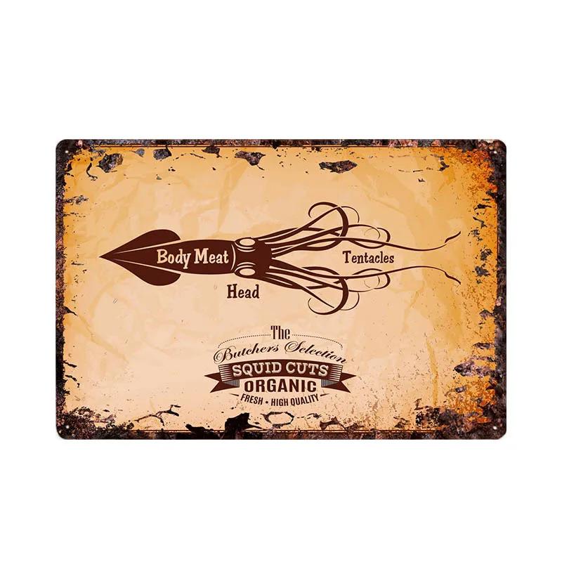 Butcher Shop Vintage Metallskylt Kökaffisch Nötkött Gris Anka Köttsnittsguide Retro Väggplakett Målning Hantverk 20x30cm