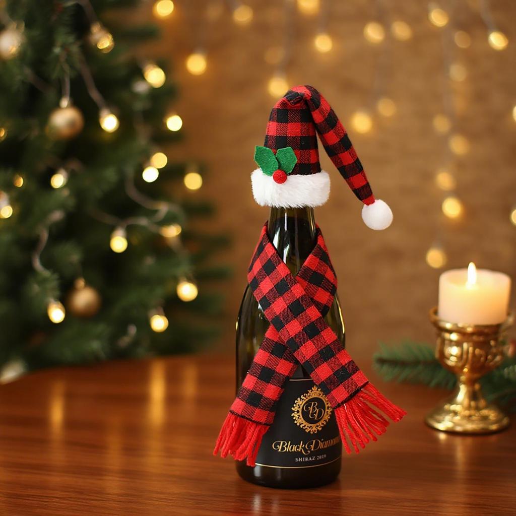 Festive Gingham Wine Bottle Covers - Tabletop Christmas Decoration Set