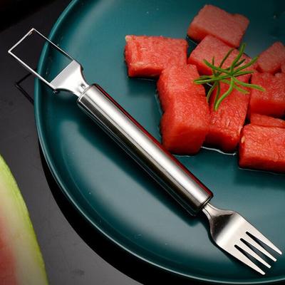 Wassermelonenschneider und Gabel Edelstahl 2-in-1 Wassermelonenschneider Werkzeug Tragbarer Doppelkopf-Fruchtschneider für Sommer, Heimparty, Camping, Küche