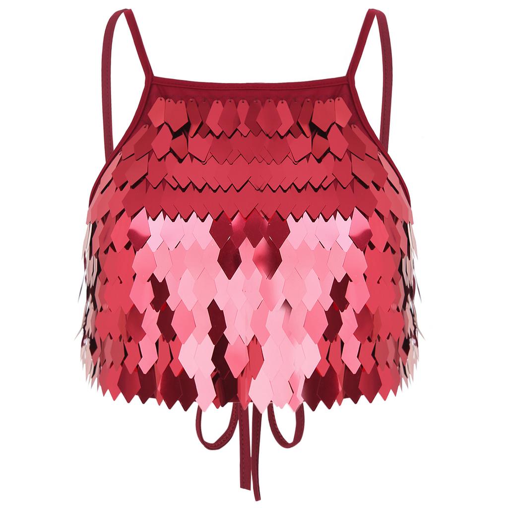 Women Sequin Tassel Bra Top Spaghetti Straps Lace Up Back Crop Camisole Belly Dance Clubwear