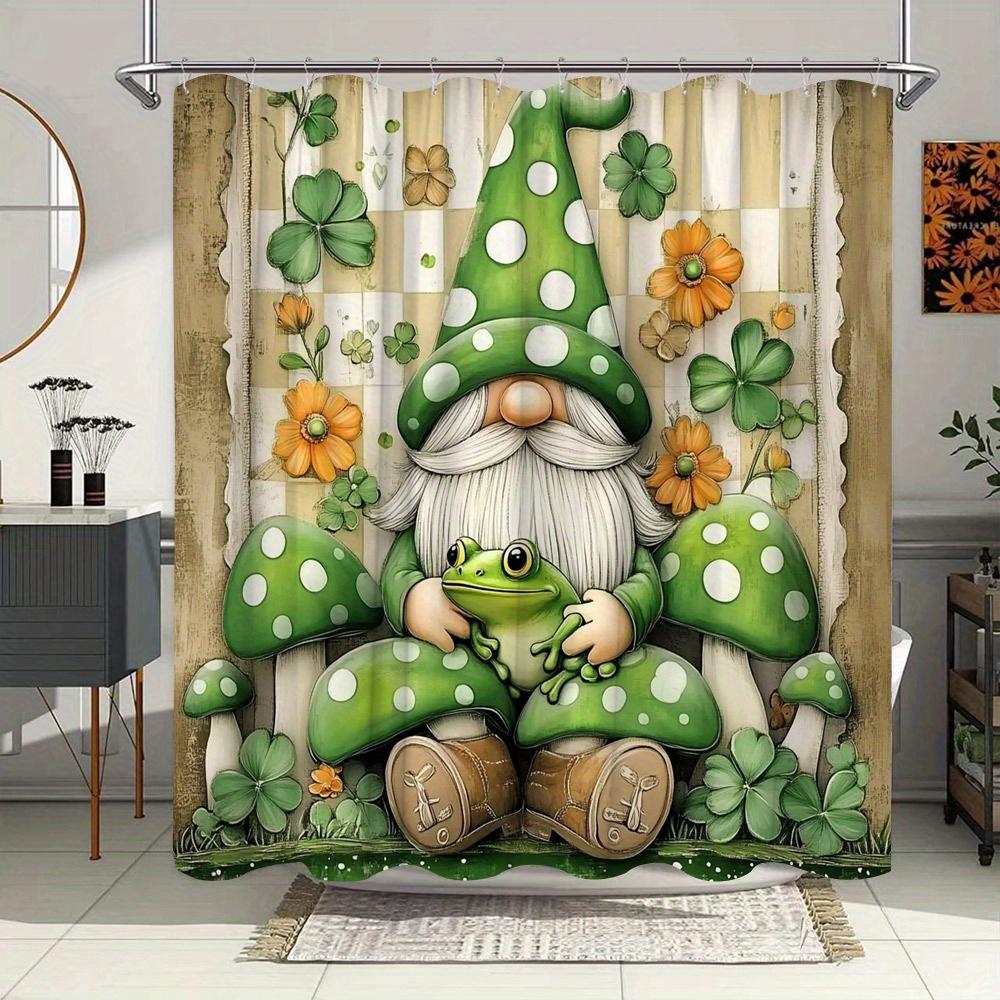 

Charming Gnome Shower Curtain -Waterproof,Mildew-Resistant with Frog and Mushroom Design for Whimsical and Nature-Inspired Decor W90XH180cm