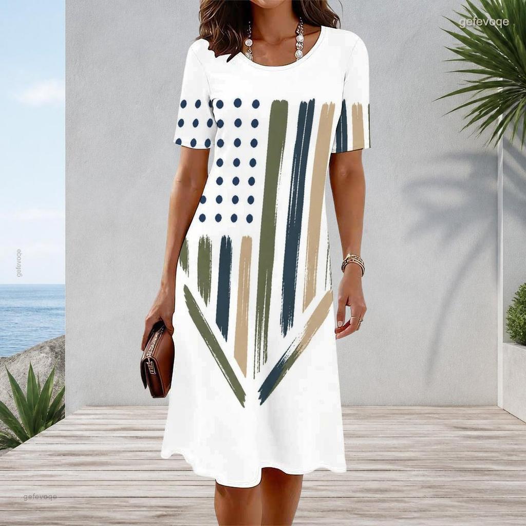 Women Plus Size Round Neck Short Sleeve American Flag Printed White A Line Dress