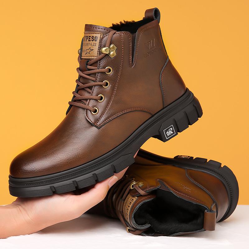 Winter velvet warm men's cotton shoes snow boots leather wool casual men's cotton boots high-top shoes non-slip