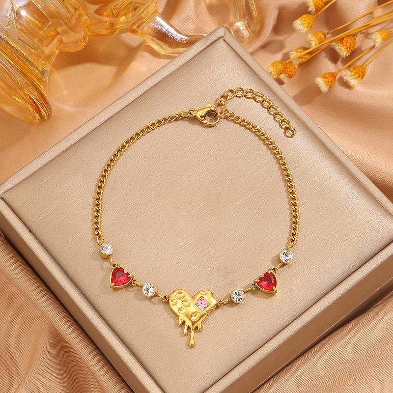 Titanium Steel Necklace, Bracelet, Earrings, Ring, Luxury-style Set with Sparkling Diamonds, Heart-shaped Design
