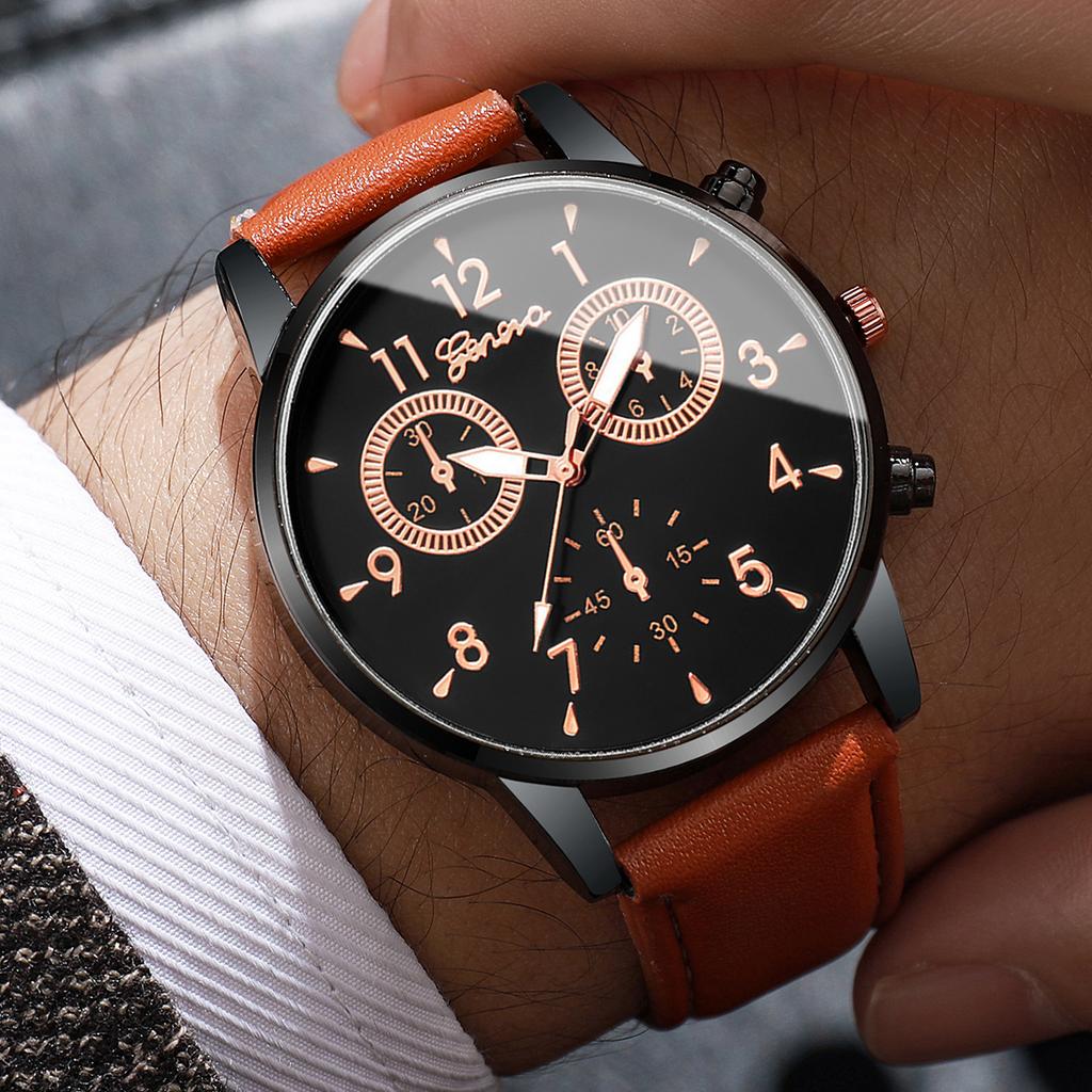 2/4/6pcs/set Men's Watch Combination Set Trendy Casual Business Style Men's Temperament Leather Watch Sport Style Watch No Box