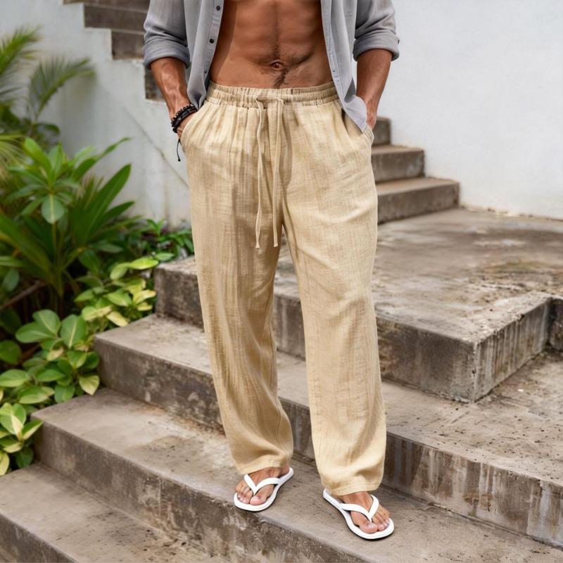 Mens White Drawstring Waist Straight Leg Loose Fit Casual Linen Pants