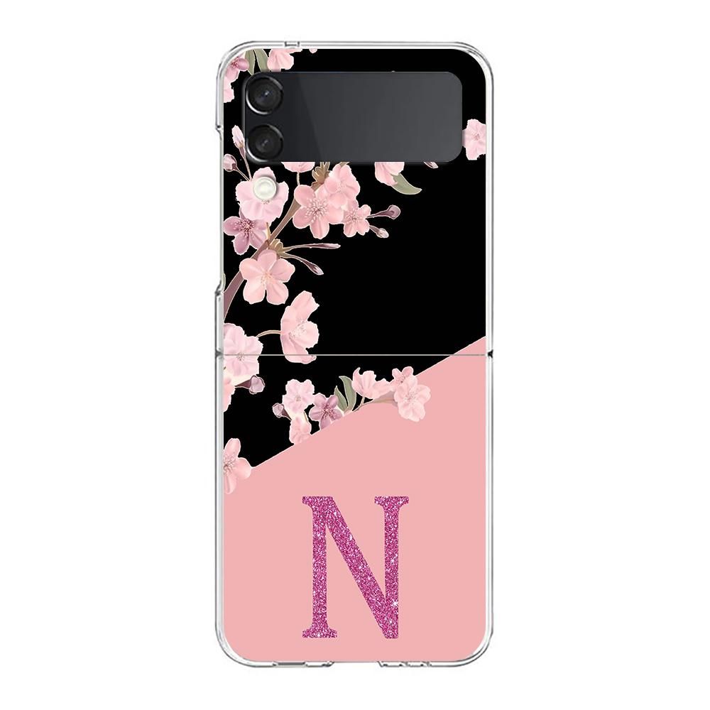 Pink Letter Flower Phone Case For Samsung Galaxy Z Flip 3 4 5 Hard Folding Clear PC Bumper For Samsung Z Flip3 Transparent Cover