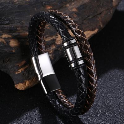 New Punk Style 316L Stainless Steel Buckle Men's Bracelet Two Tone Leather Cord Charm Jewelry Bracelet Wristband