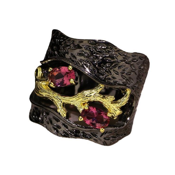 Inel cu Cristal Granat Roșu Natural cu Placaj Aur Negru - Bijuterii Italiene