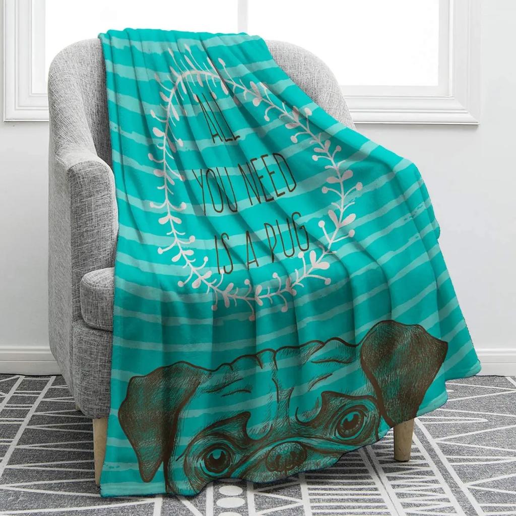Cute Pet Pug Dog Print Blanket Soft Colorful Flannel Throw Blanket for Sofa Chair Bed Office Travelling Camping Lightweight