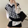 Early Autumn Korean Version New Loose Bird Checker V-Neck Sleeveless Vest Knit Tank Top Pullover Sweater Women's Wear