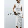 Spring New Women Clothes French Style Slim Fit Knitted Pleat Decorative Stand Collar Sleeveless Dress 4772345
