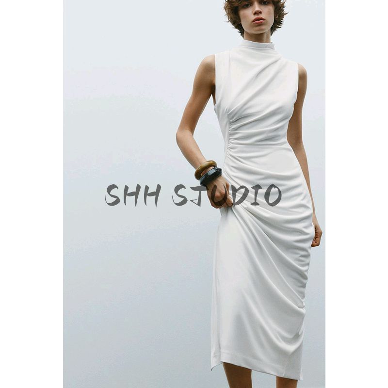 Spring New Women Clothes French Style Slim Fit Knitted Pleat Decorative Stand Collar Sleeveless Dress 4772345
